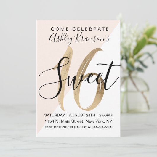 ホワイトガーリー赤面ピンクジオフェイク金箔スイート16 招待状 (スタンド正面)