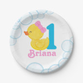 ホワイトガールラバーダックパーソナライズされた誕生日 ペーパープレート (正面)