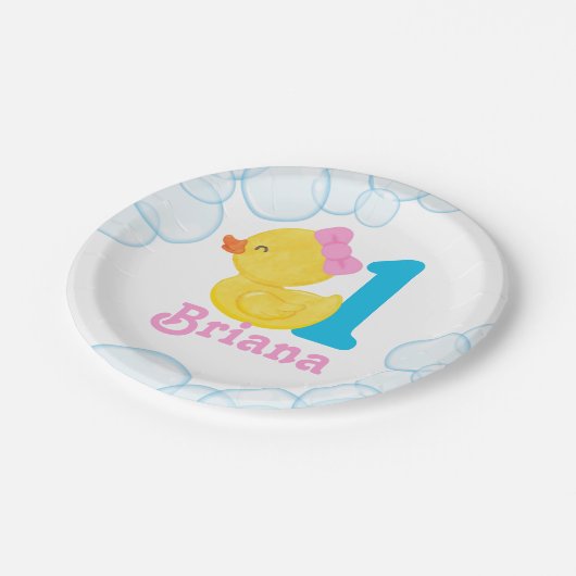 ホワイトガールラバーダックパーソナライズされた誕生日 ペーパープレート (アングル)