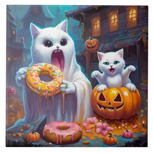ホワイトキットンと幽霊食べハロウィーンドーナツ タイル (正面)