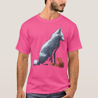 ホワイトキツネフラワーズアートアニマルキツネ Tシャツ