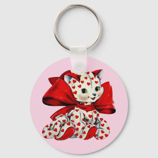 ホワイトキティ猫とハートヴィンテージバレンタインアート キーホルダー (正面)