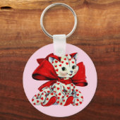 ホワイトキティ猫とハートヴィンテージバレンタインアート キーホルダー (正面)