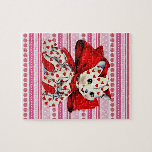 ホワイトキティ猫とハートヴィンテージバレンタインアート ジグソーパズル (横)