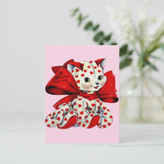 ホワイトキティ猫とハートヴィンテージバレンタインアート ポストカード (スタンド正面)