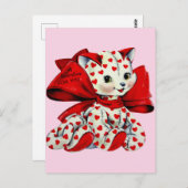 ホワイトキティ猫とハートヴィンテージバレンタインアート ポストカード (正面/裏面)