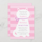 ホワイトキティ猫ピンクストライプガールズバースデーパーティー 招待状 (正面/裏面)
