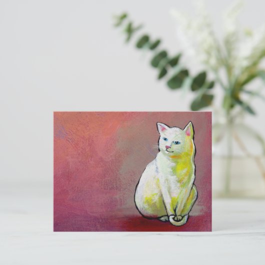ホワイトキャットアート絵画おもしろいのホワイティかわいらしス座 ポストカード (スタンド正面)