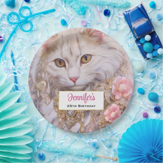 ホワイトキャットエレガントイン金ゴールドとダイヤモンド誕生日 ペーパープレート (パーティー)
