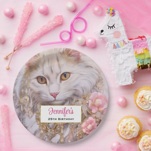 ホワイトキャットエレガントイン金ゴールドとダイヤモンド誕生日 ペーパープレート (パーティー)