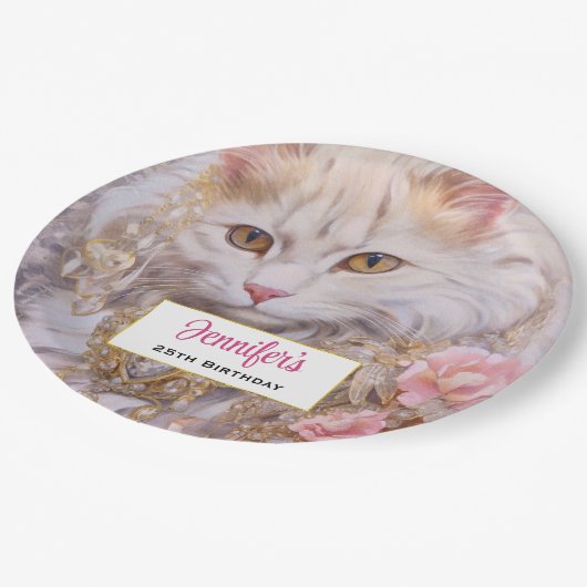 ホワイトキャットエレガントイン金ゴールドとダイヤモンド誕生日 ペーパープレート (アングル)