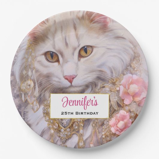 ホワイトキャットエレガントイン金ゴールドとダイヤモンド誕生日 ペーパープレート (正面)