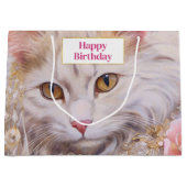 ホワイトキャットエレガントイン金ゴールドとダイヤモンド誕生日 ラージペーパーバッグ (正面)