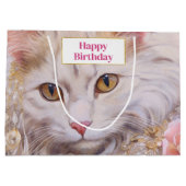 ホワイトキャットエレガントイン金ゴールドとダイヤモンド誕生日 ラージペーパーバッグ (裏面)