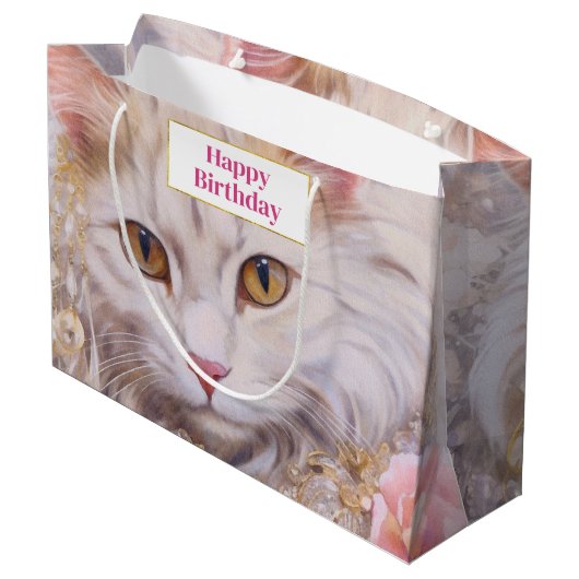 ホワイトキャットエレガントイン金ゴールドとダイヤモンド誕生日 ラージペーパーバッグ (裏面アングル)