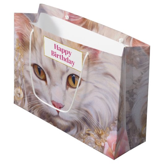 ホワイトキャットエレガントイン金ゴールドとダイヤモンド誕生日 ラージペーパーバッグ (正面アングル)