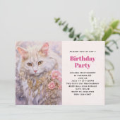ホワイトキャットエレガントイン金ゴールドとダイヤモンド誕生日 招待状 (スタンド正面)