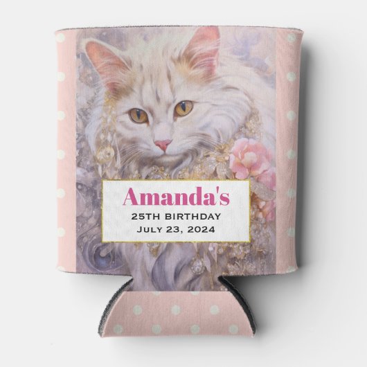 ホワイトキャットエレガントイン金ゴールドとダイヤモンド誕生日 缶クーラー (正面)