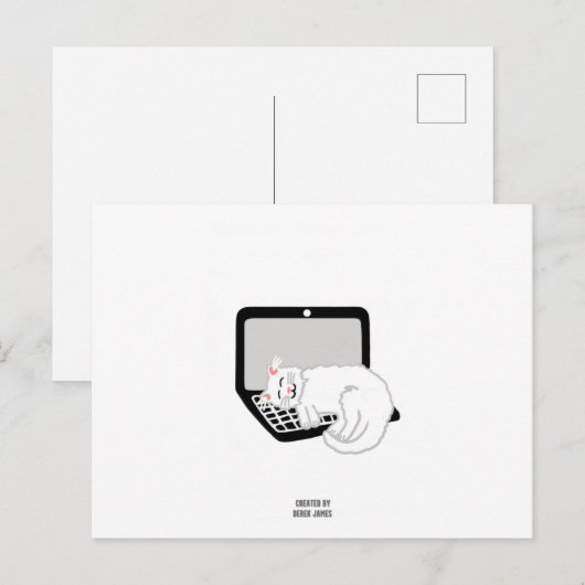 ホワイトキャットスリーピングオンノートパソコン ポストカード (正面/裏面)