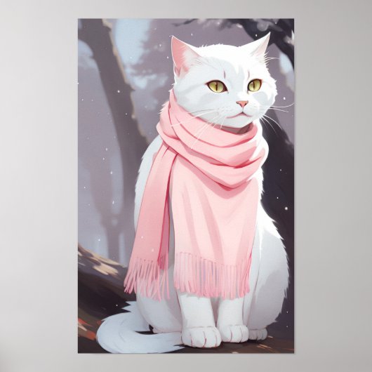 ホワイトキャットピンク服秋冬マンガウォールアート ポスター (正面)