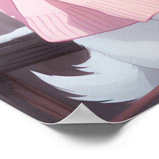 ホワイトキャットピンク服秋冬マンガウォールアート ポスター (角)