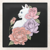ホワイトキャットピーチラベンダーピンクローズ ガラスコースター (正面)