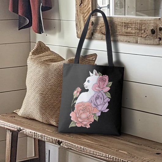 ホワイトキャットピーチラベンダーピンクローズ トートバッグ