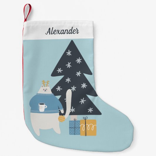 ホワイトキャットブルーのセーターオーナメントクリスマスツリー スモールクリスマスストッキング (正面)