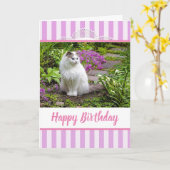 ホワイトキャット誕生日付きピンクレース写真カード カード (黄色い花)