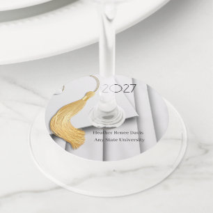 ホワイトキャップとガウンと金ゴールドタッセルワイングラスラベル ワイングラスタグ