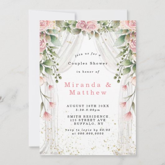 ホワイトキャノピーピンクフローラカップルのシャワー招待状 (正面)