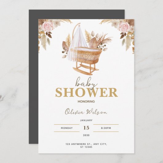 ホワイトキュート水彩花ベイビーシャワー 招待状 (正面/裏面)