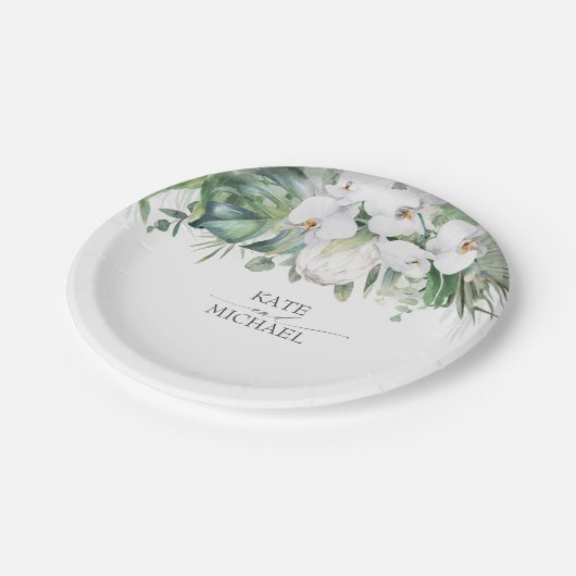 ホワイトキングプロテアとラン熱帯結婚の ペーパープレート (アングル)