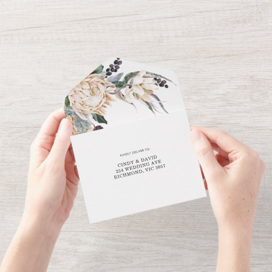 ホワイトキングプロテア オールインワン ウェディング招待状 オールインワン招待状 (開いている状態)