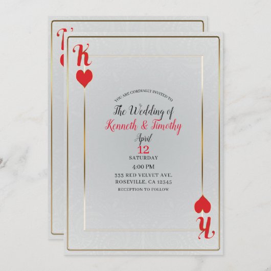 ホワイトキング&レッドキングハートカードエレガントな結婚式 招待状 (正面/裏面)