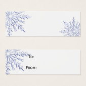 ホワイトギフトの上に青い冬の雪の結晶ラベル (正面&裏面)