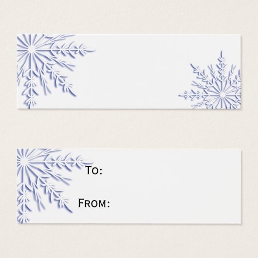 ホワイトギフトの上に青い冬の雪の結晶ラベル (正面&裏面)