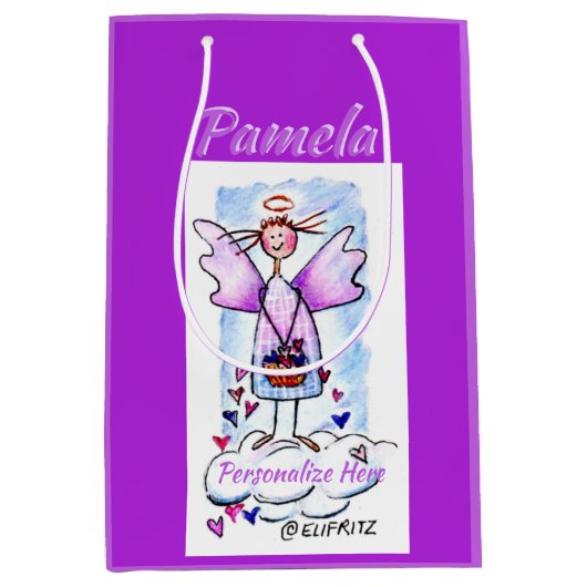 ホワイトクラウドで微笑む紫の天使とハート ミディアムペーパーバッグ