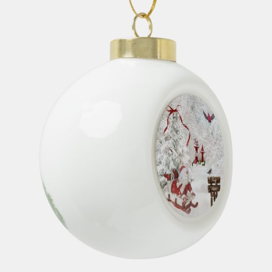 ホワイトクリスマスのオーナメントの雪だるまのそりの（鳥）ショウジョウコウカンチョウ セラミックボールオーナメント (左)