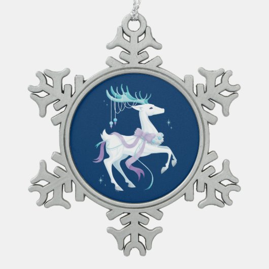 ホワイトクリスマスのトナカイ スノーフレークピューターオーナメント (正面)