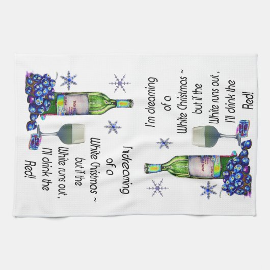 ホワイトクリスマスの夢を見ます、おもしろいなワインの芸術のギフト キッチンタオル (横)