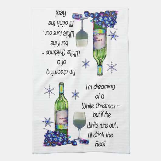 ホワイトクリスマスの夢を見ます、おもしろいなワインの芸術のギフト キッチンタオル (縦)