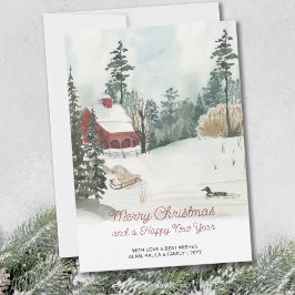 ホワイトクリスマスの水彩画風の冬の風景 シーズンカード