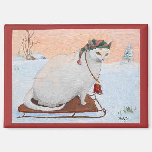 ホワイトクリスマスの雪の中の猫 マグネット (正面)