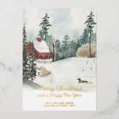 ホワイトクリスマスウォーターカラーウィンターランドスケープ金ゴールド 箔シーズンカード (正面)