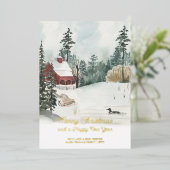 ホワイトクリスマスウォーターカラーウィンターランドスケープ金ゴールド 箔シーズンカード (立ち正面)