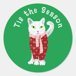 ホワイトクリスマスキャットインホリデーセーターカスタム ラウンドシール