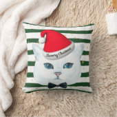 ホワイトクリスマスキャットグリーンストライプアクセント枕 クッション (ブランケット)