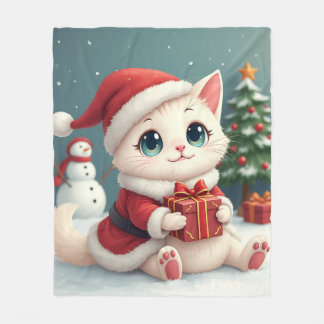 ホワイトクリスマスキャットベビーブランケット フリースブランケット
