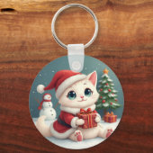 ホワイトクリスマスキャットボタン キーホルダー (正面)